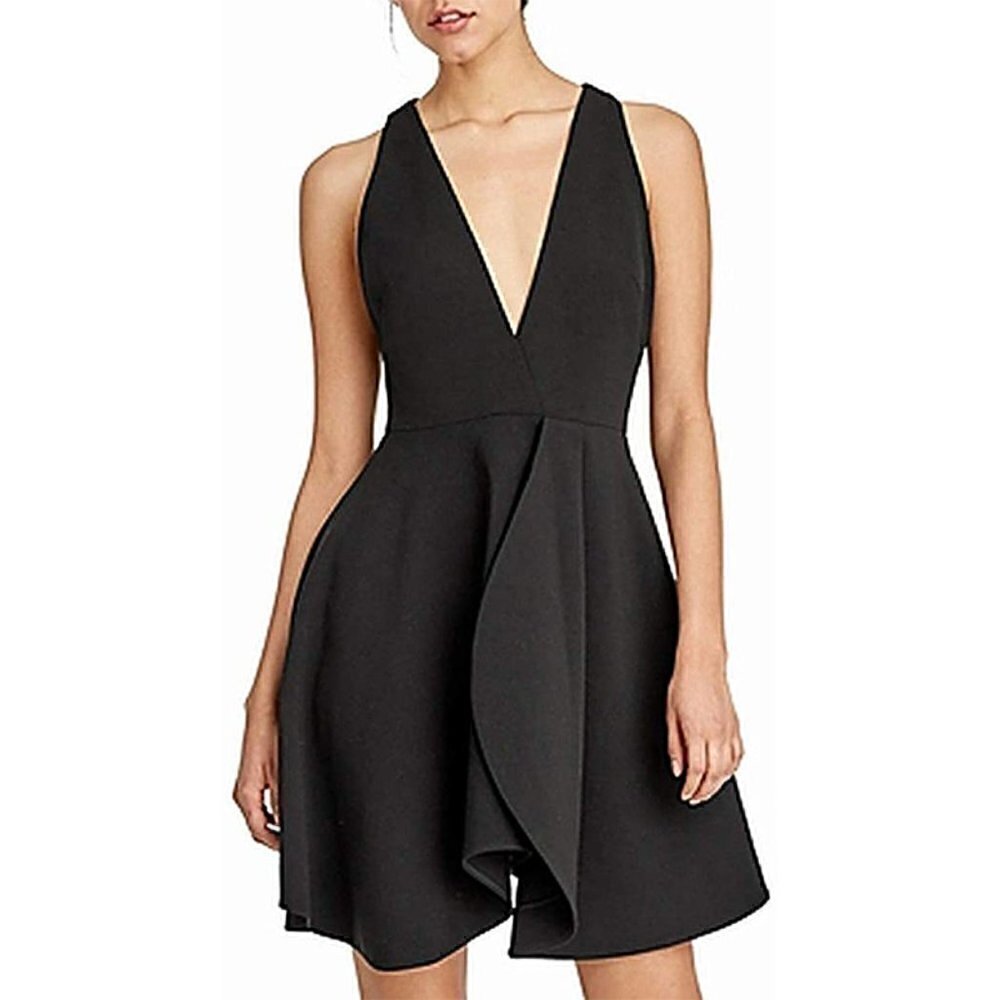 NWT Halston Heritage Sleeveless V-Neck Flounced Party Cocktail Dress Black 14